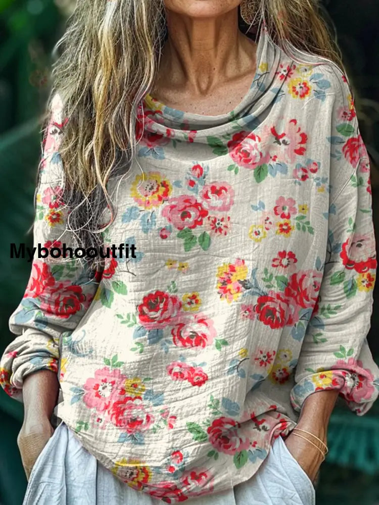 Women’s Vintage Bohemian Floral Print Casual Long Sleeve Comfortable Cotton Shirt Top A / S