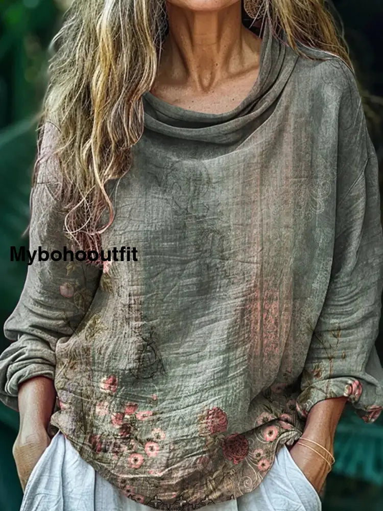 Women’s Vintage Bohemian Floral Print Casual Long Sleeve Comfortable Cotton Shirt Top A / S