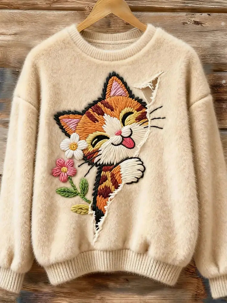 Women’s Vintage Christmas Animal Art Print Comfortable Casual Sweater