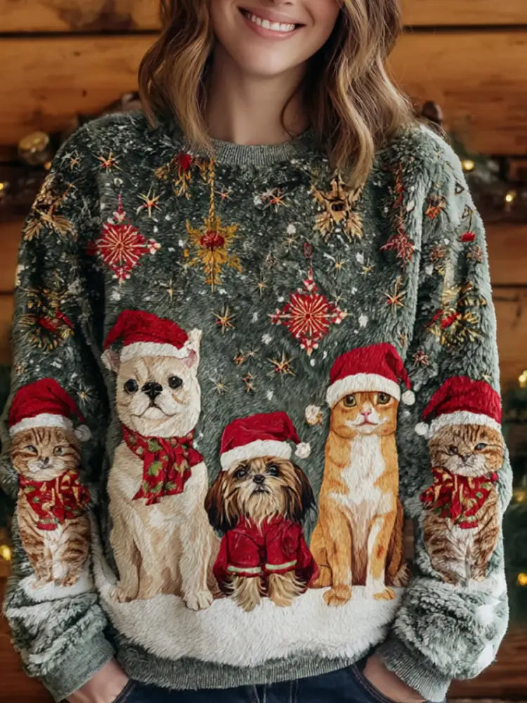 Women’s Vintage Christmas Animal Art Print Comfortable Casual Sweater A / S
