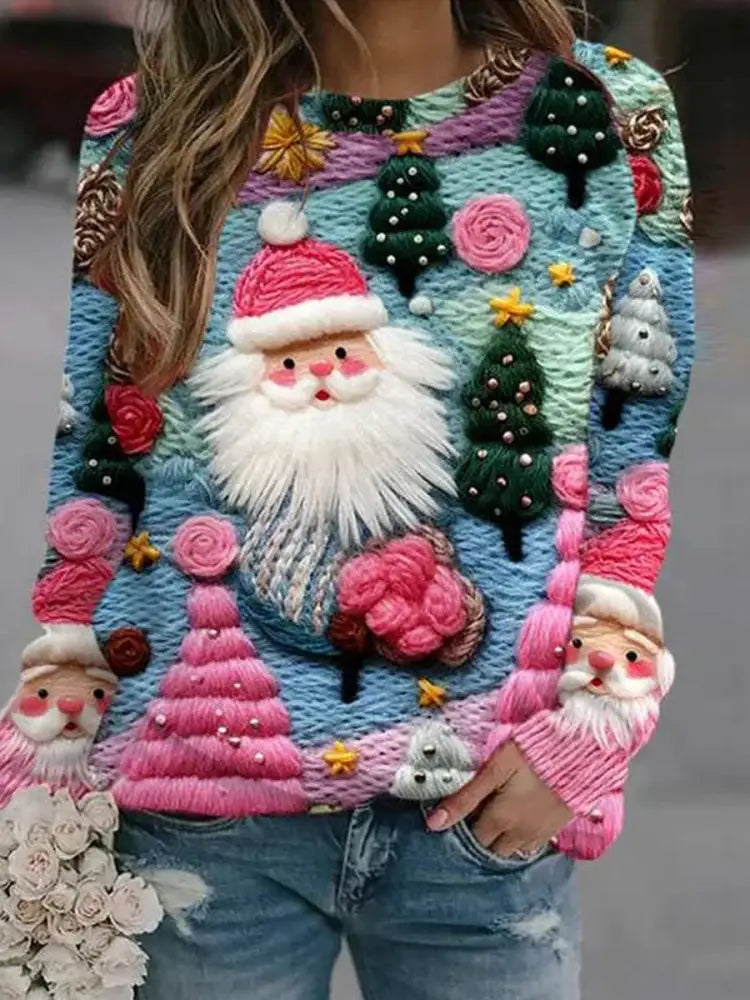 Women’s Vintage Christmas Art Print Comfortable Casual Sweate A / S