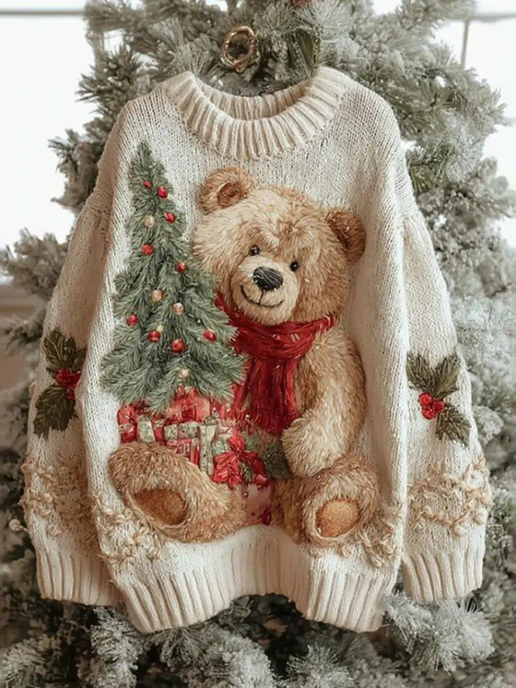 Women’s Vintage Christmas Bear Tree Knitted Sweater As picture / S