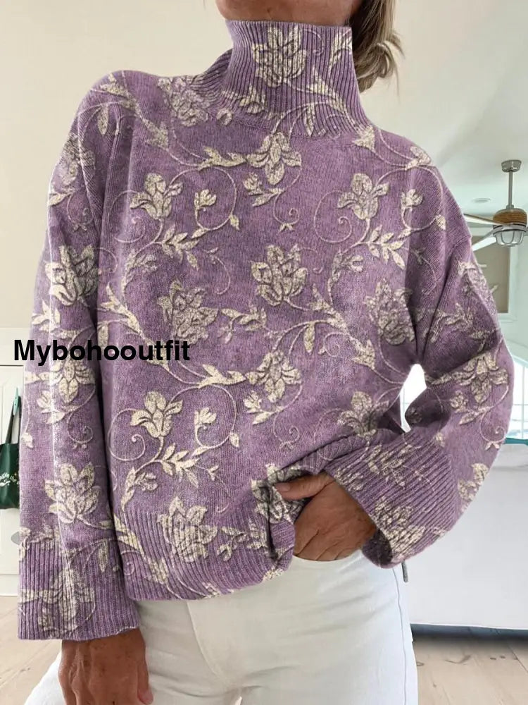 Women’s Vintage Floral Art Print Casual Chic Sweater Pullover A / S
