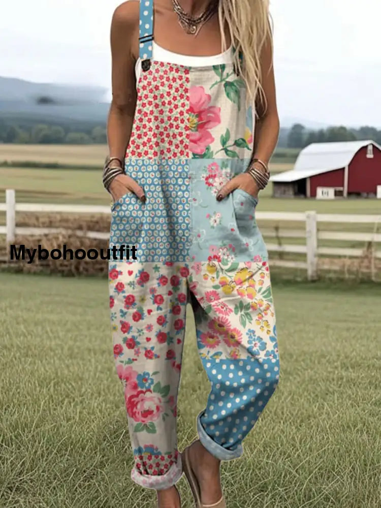 Women’s Vintage Floral Art Print Casual Overalls Wide Leg Pants A / S