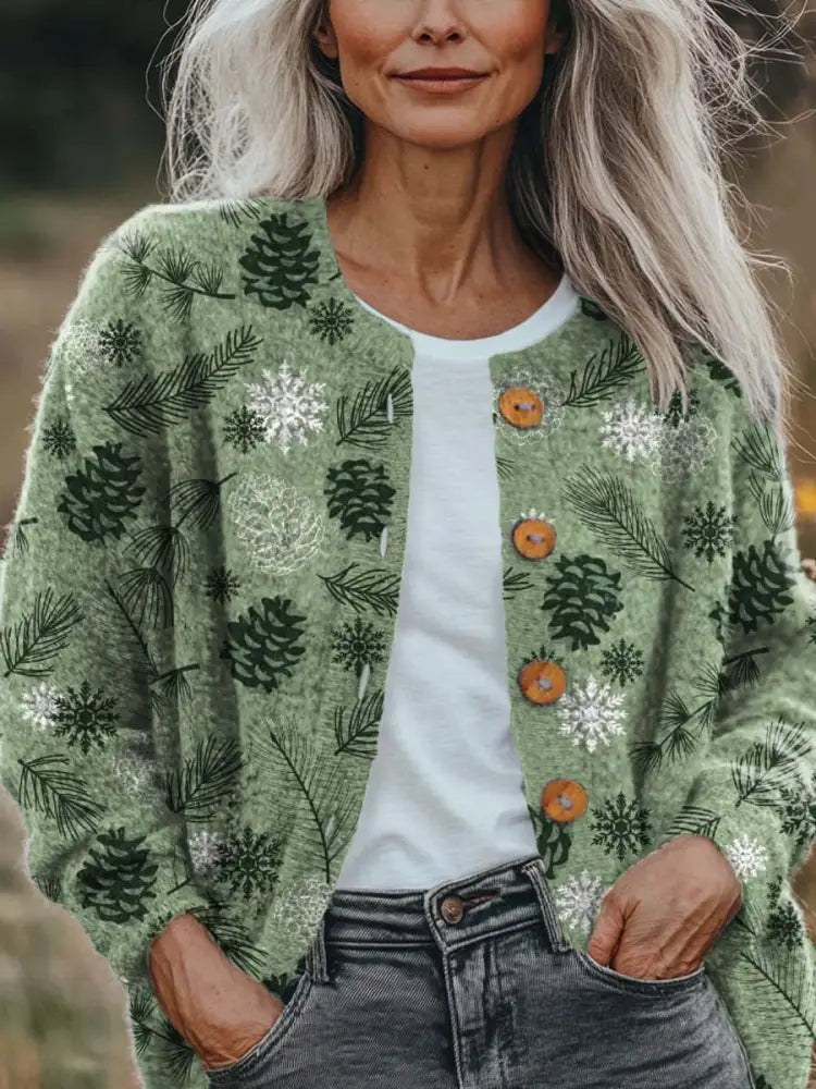 Women’s Vintage Floral Pattern Art Print Buttoned Cardigan Sweater Green / S