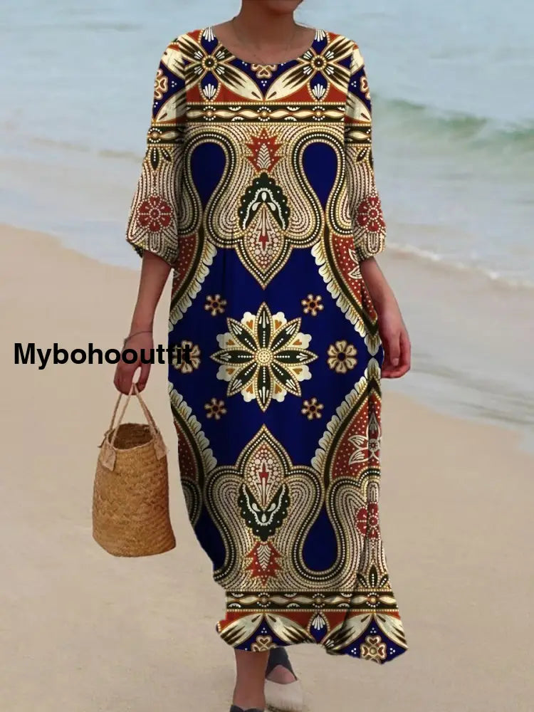 Women’s Vintage Floral Print Chic V-Neck Bohemian Elegant Midi A / S