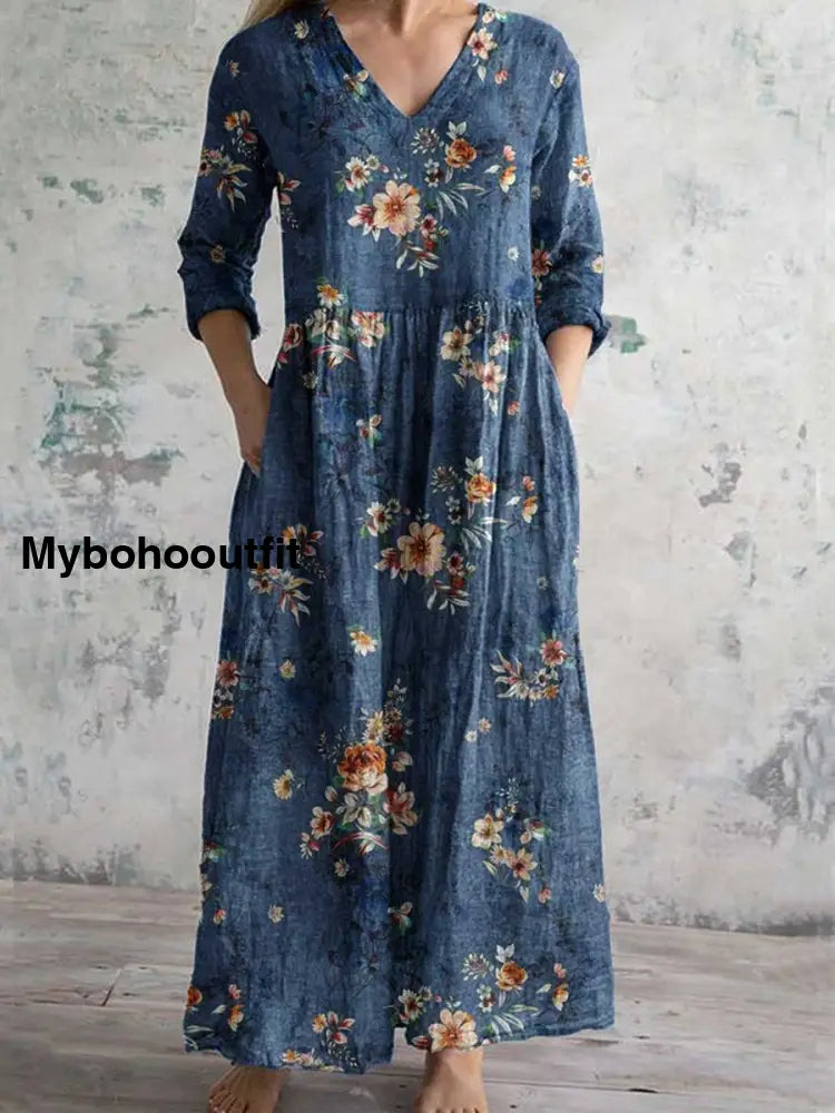Women’s Vintage Floral Print Chic V-Neck Bohemian Elegant Midi A / S