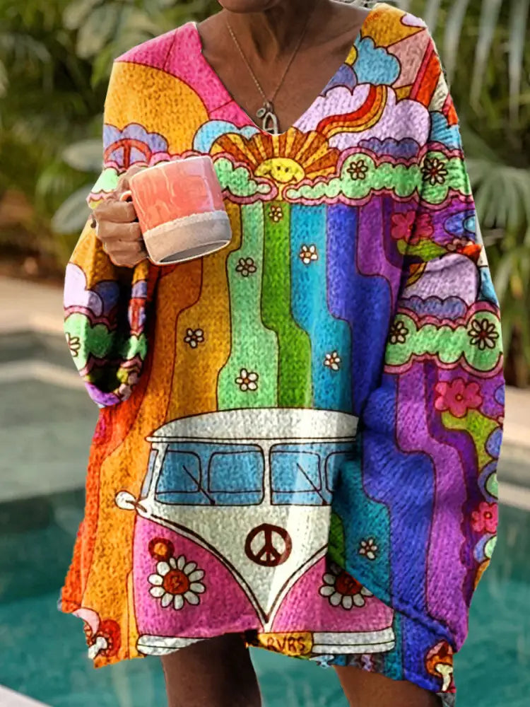 Women’s Vintage Hippie Art Print Chic V Neck Casual Sweater Pullover A / S