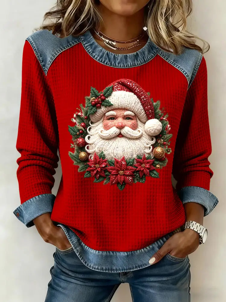 Women’s Vintage Santa Claus Art Casual Waffle Weave Top Multicolour / S