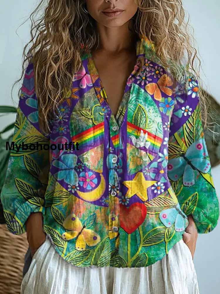 Women’s Vintagehippie Art Print V-Neck Casual Cotton And Linen Shirt Top A / S
