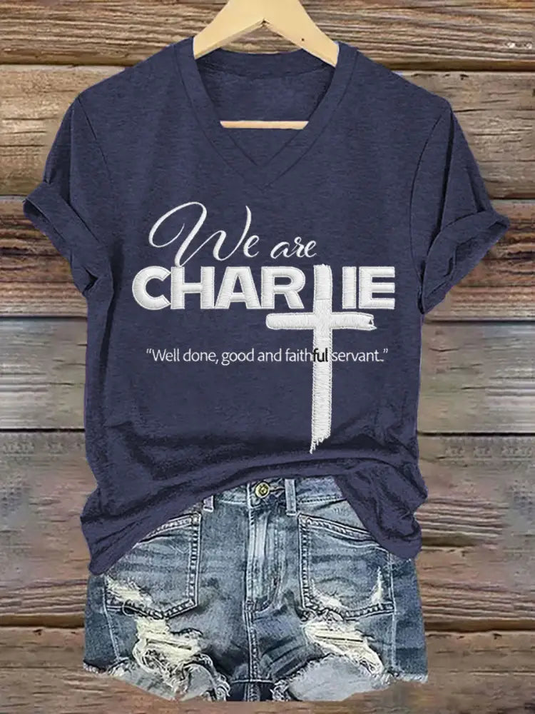 Women’s We Are All Charlie Kirk Now! R.I.P Charlie Kirk V-Neck Tee Navy Blue / S