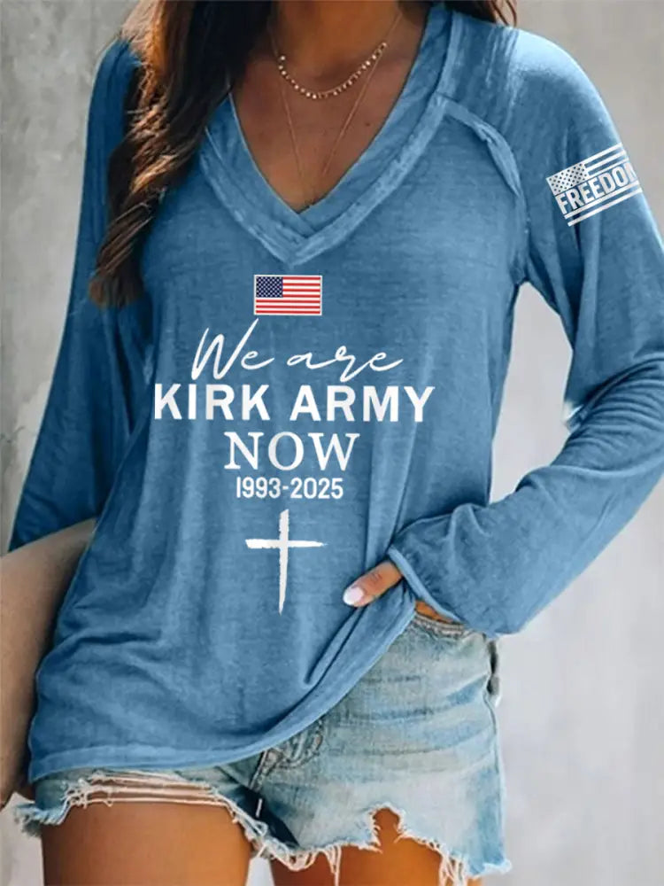 Women’s We Are All Kirk Army Now! R.I.P Charlie Kirk V-Neck Long-Sleeve T-Shirt Blue / S