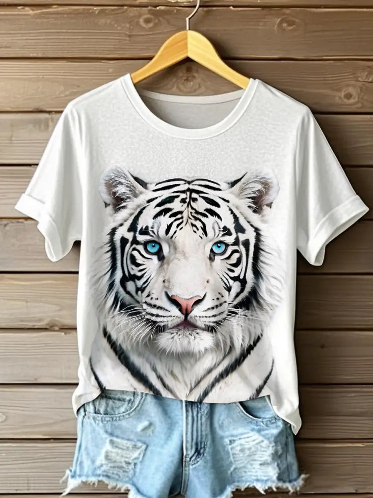 Women’s white tiger face fun print casual t-shirts White / S