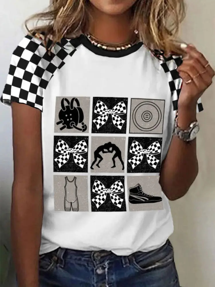 Women’s Wrestling Black & White Plaid T-shirts White / S