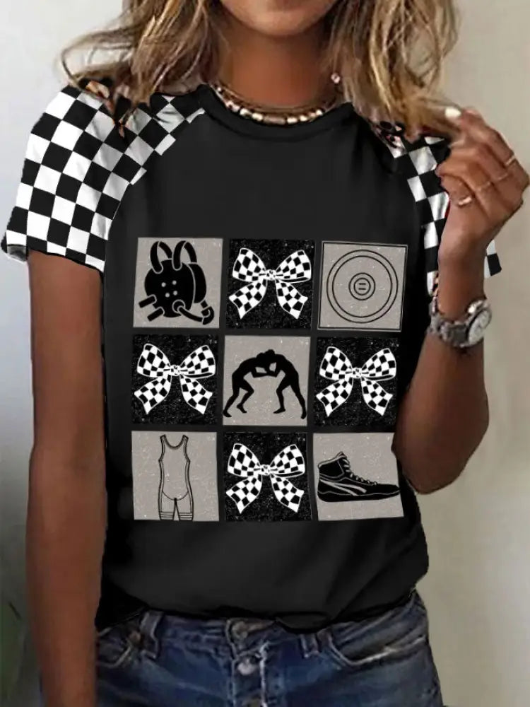 Women’s Wrestling Black & White Plaid T-shirts Black / S