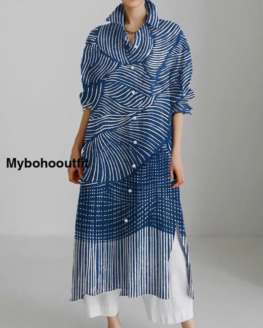 Abstract Art Print Cotton and Linen Long Sleeve Slit Shirt Dress Blue / S