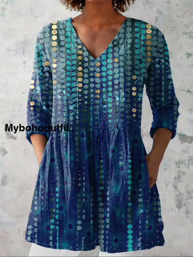 Abstract Art Print V-Neck Vintage Loose Long Sleeve Top A / S