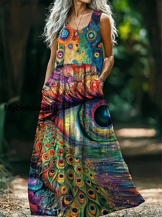 Vintage Round Neck Bohemian Hippie Mushroom Floral Print Elegant Chic Sleeveless Loose Midi Dress A / S