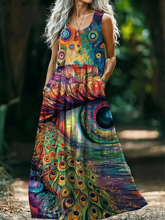 Vintage Round Neck Bohemian Hippie Mushroom Floral Print Elegant Chic Sleeveless Loose Midi Dress A / S