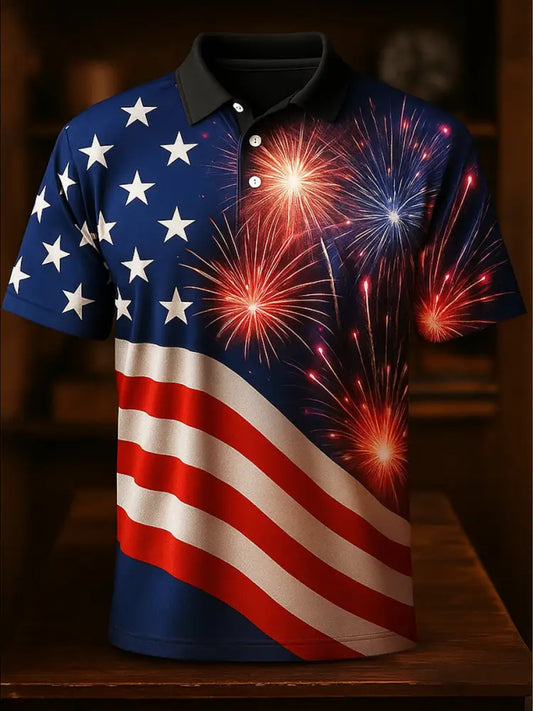 American Flag Independence Day Printed Athletic Retro Style V-Neck Short Sleeves Polo-Shirt A / S