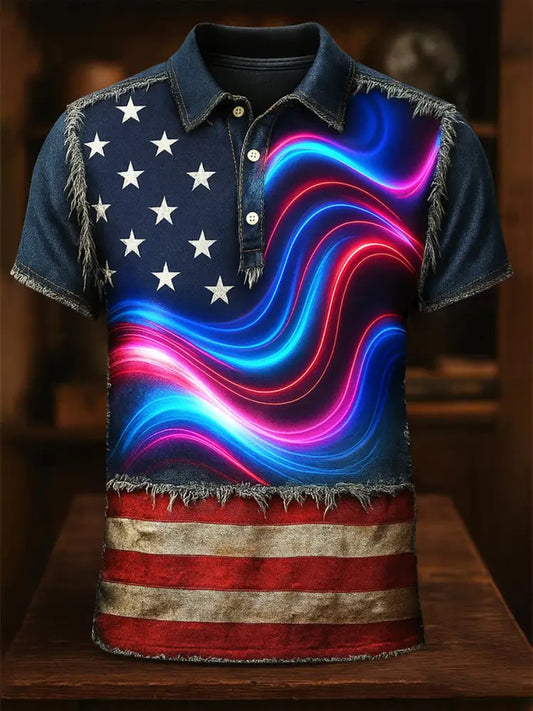 American Flag Independence Day Printed Athletic Retro Style V-Neck Short Sleeves Polo-Shirt A / S