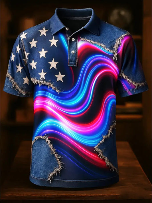 American Flag Independence Day Printed Athletic Retro Style V-Neck Short Sleeves Polo-Shirt A / S