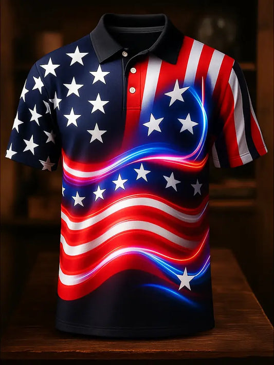 American Flag Independence Day Printed Athletic Retro Style V-Neck Short Sleeves Polo-Shirt A / S