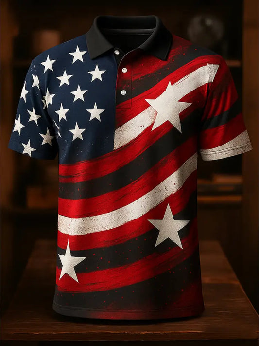American Flag Independence Day Printed Athletic Retro Style V-Neck Short Sleeves Polo-Shirt A / S