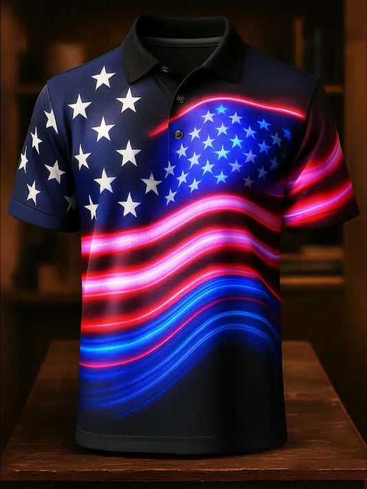 American Flag Independence Day Printed Athletic Retro Style V-Neck Short Sleeves Polo-Shirt A / S