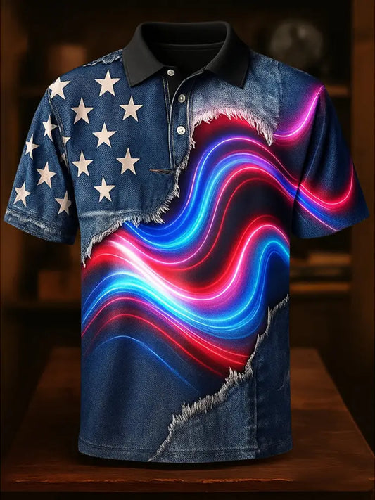 American Flag Independence Day Printed Athletic Retro Style V-Neck Short Sleeves Polo-Shirt A / S