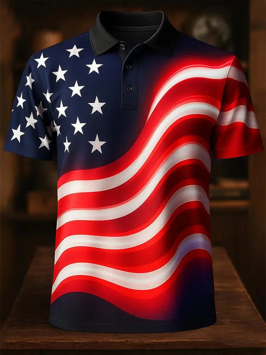 American Flag Independence Day Printed Athletic Retro Style V-Neck Short Sleeves Polo-Shirt A / S