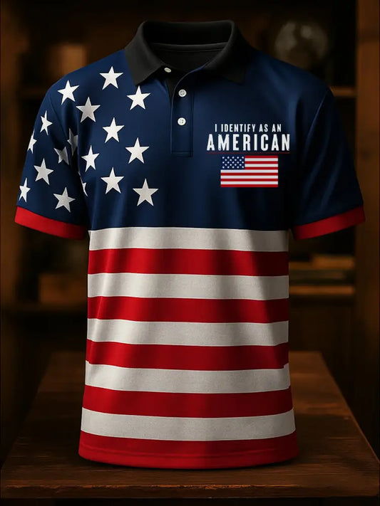 American Flag Independence Day Printed Athletic Retro Style V-Neck Short Sleeves Polo-Shirt A / S