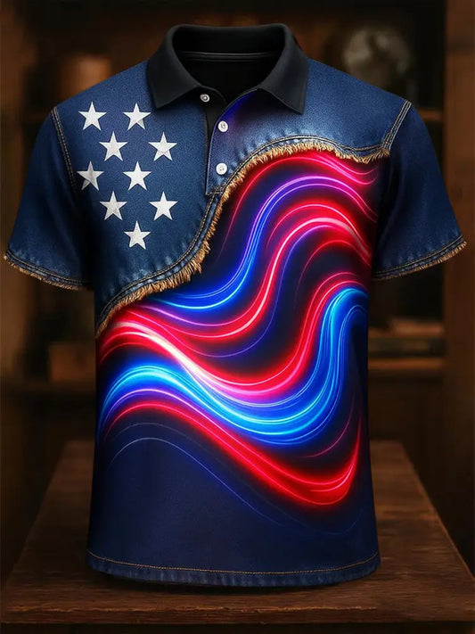 American Flag Independence Day Printed Athletic Retro Style V-Neck Short Sleeves Polo-Shirt A / S