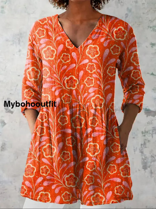 Boho Floral Print V-Neck Vintage Loose Long Sleeve Top A / S