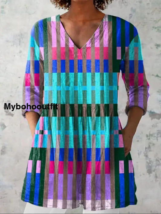 Boho Geometric Figure Print V-Neck Pattern Vintage Loose Long Sleeve Top A / S