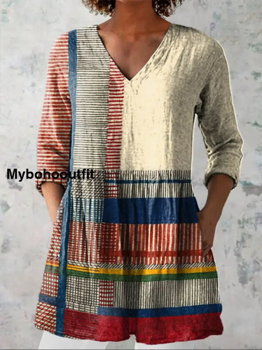 Boho Geometric Figure Print V-Neck Pattern Vintage Loose Long Sleeve Top A / S