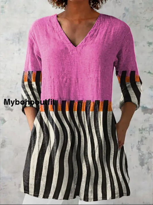 Boho Geometric Figure Print V-Neck Pattern Vintage Loose Long Sleeve Top A / S