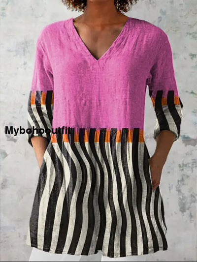 Boho Geometric Figure Print V-Neck Pattern Vintage Loose Long Sleeve Top A / S