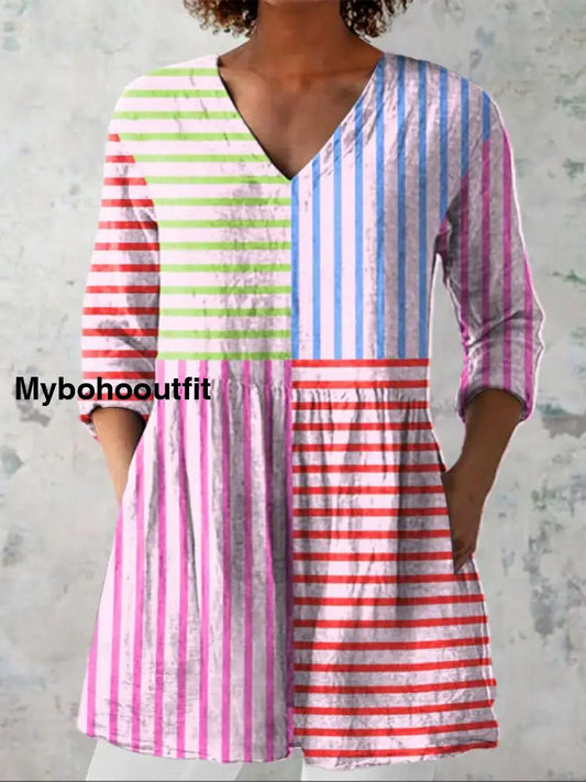 Boho Geometric Figure Print V-Neck Pattern Vintage Loose Long Sleeve Top A / S