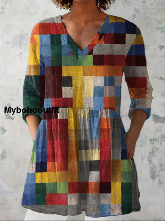 Boho Geometric Figure Print V-Neck Pattern Vintage Loose Long Sleeve Top A / S