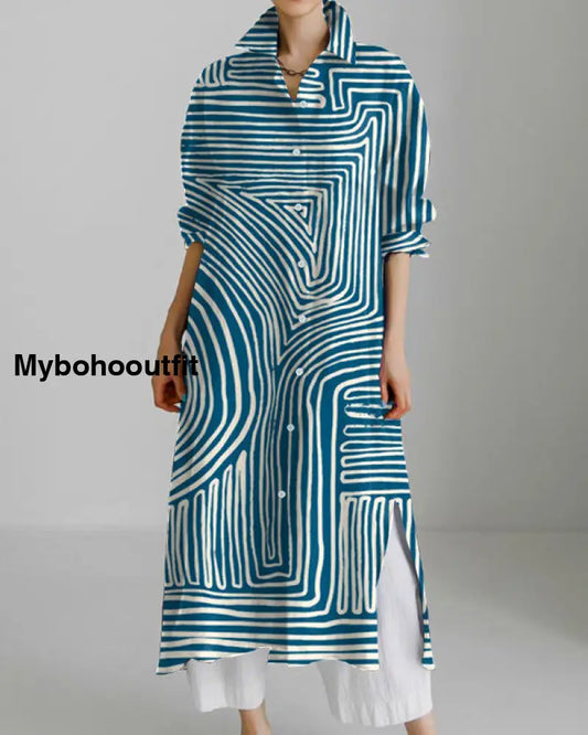 Casual Abstract Art Print Cotton and Linen Long Sleeve Slit Shirt Dress Blue / S