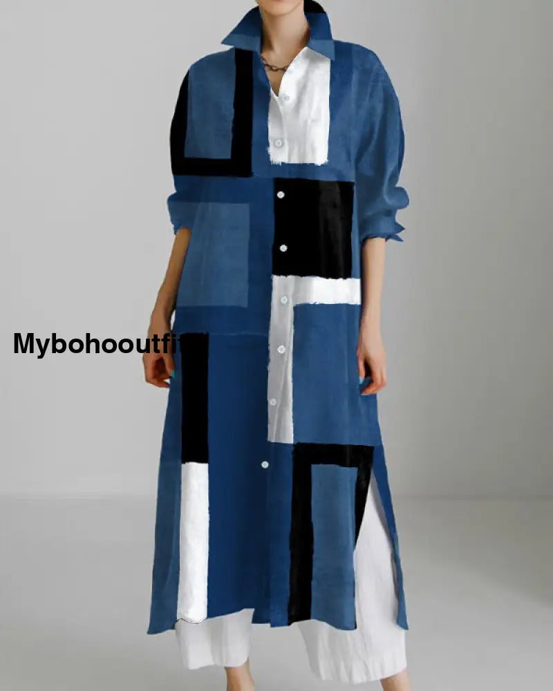 Casual Abstract Art Print Cotton and Linen Long Sleeve Slit Shirt Dress Multicolor / S