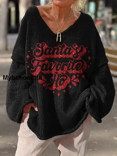 Christmas Art Print Vintage Loose Chic V-Neck Long Sleeve Thick Knit Sweater A / S