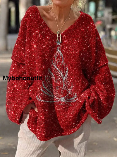 Christmas Art Print Vintage Loose Chic V-Neck Long Sleeve Thick Knit Sweater A / S