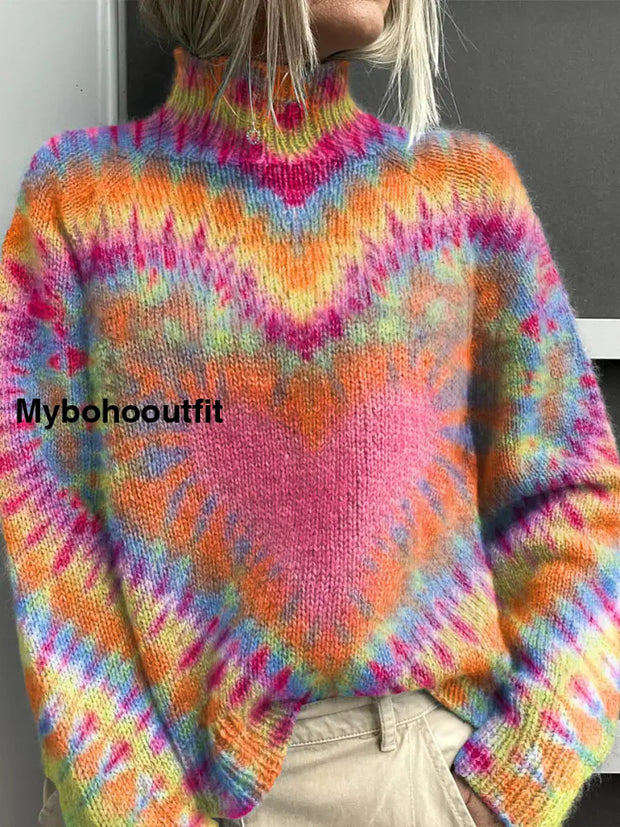 Colorful Love Heart Tie Dye Print Knit Turtleneck Pullover Sweater Multicolor / S