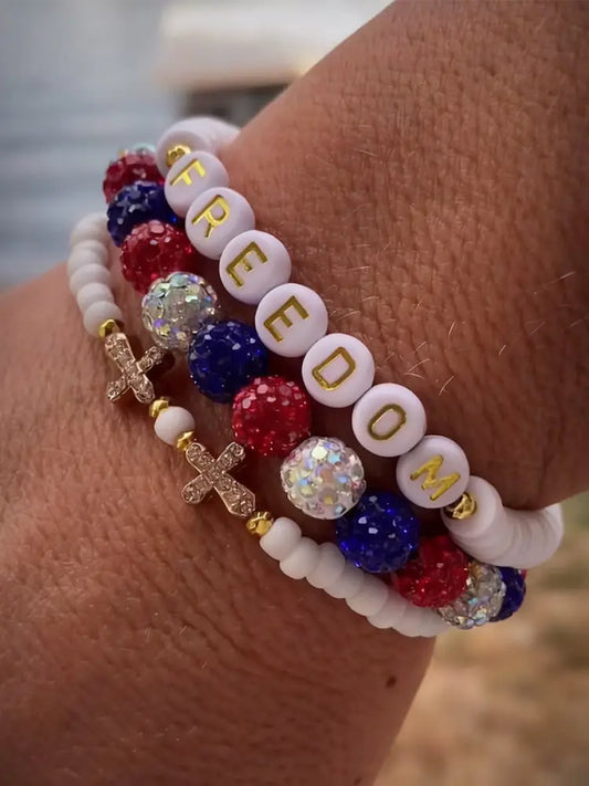 Cross & Freedom Beaded Bracelet Blue-White-Red / ONE