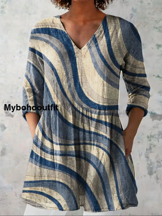 Elegant Boho Art Print V-Neck Pattern Vintage Loose Long Sleeve Top A / S