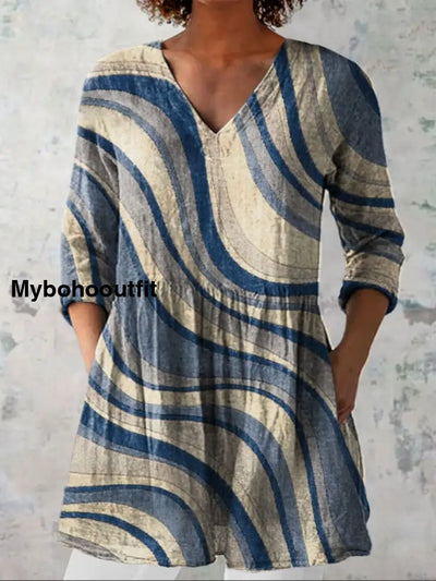 Elegant Boho Art Print V-Neck Pattern Vintage Loose Long Sleeve Top A / S