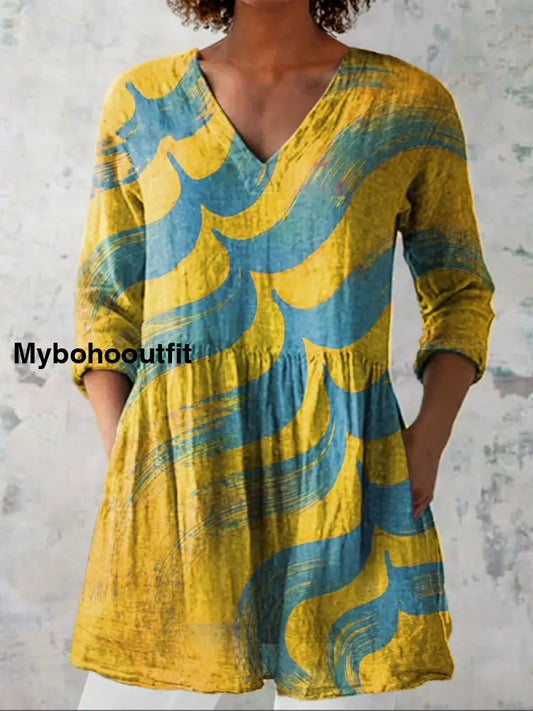 Elegant Boho Art Print V-Neck Pattern Vintage Loose Long Sleeve Top A / S