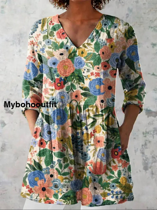 Elegant Boho Floral Print V-Neck Pattern Vintage Loose Long Sleeve Top A / S